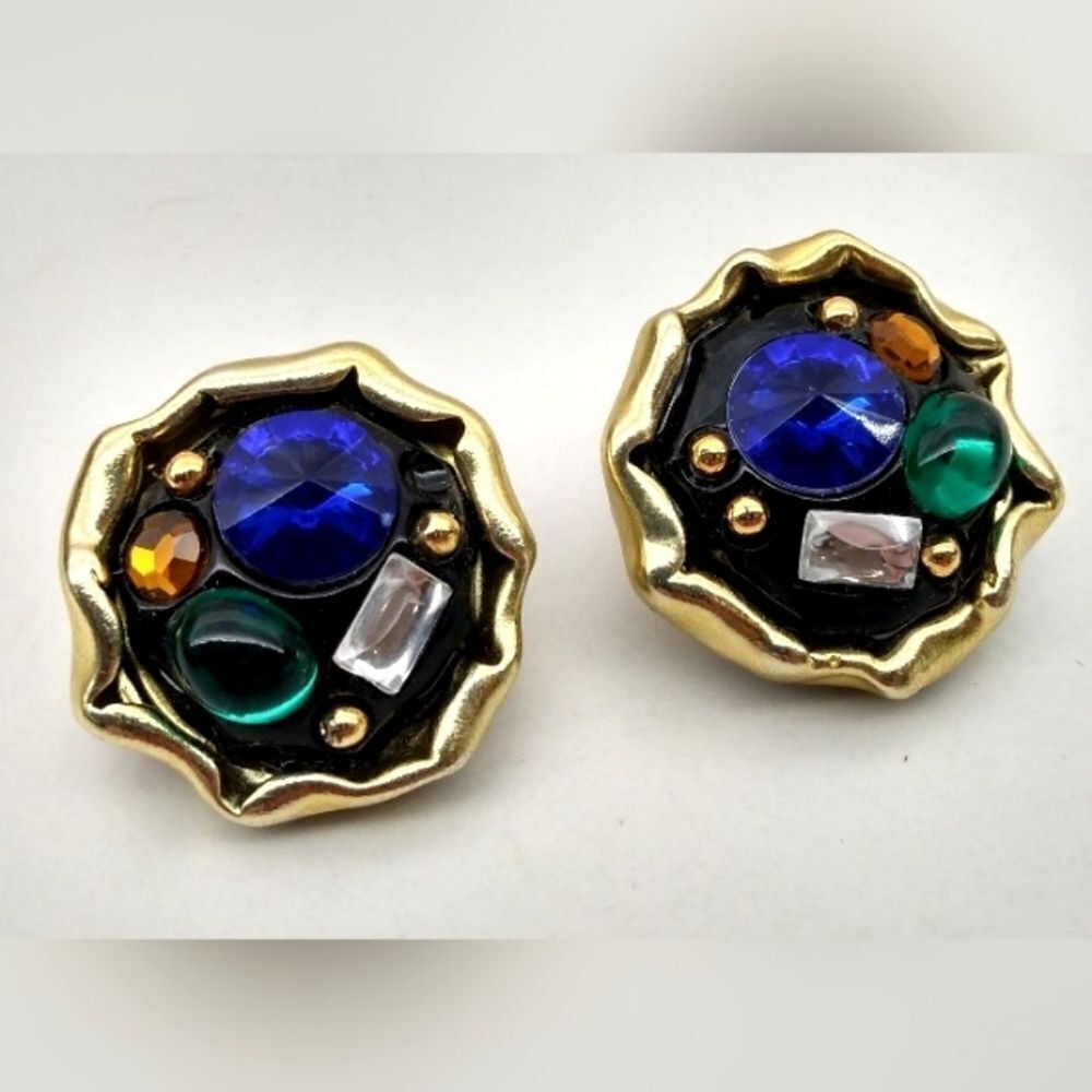 Vintage Gold Jeweled Clip On Earrings